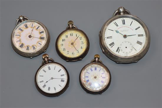 Five assorted silver/white metal pocket/fob watches.